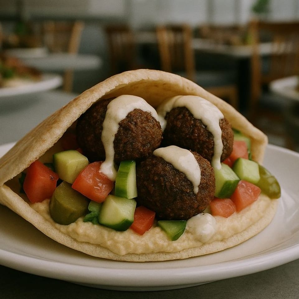 Oren's Hummus falafel pita with hummus, diced tomatoes, cucumbers, and tahini sauce.