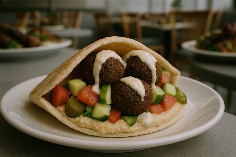 Oren's Hummus falafel pita with hummus, diced tomatoes, cucumbers, and tahini sauce.