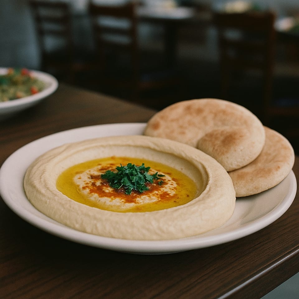 Oren's Hummus plate with olive oil, paprika, parsley, and two pita breads.