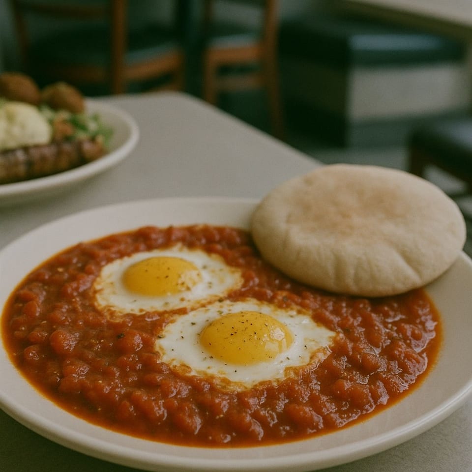 Oren's Hummus shakshuka with two fried eggs in tomato sauce, served with pita bread.
