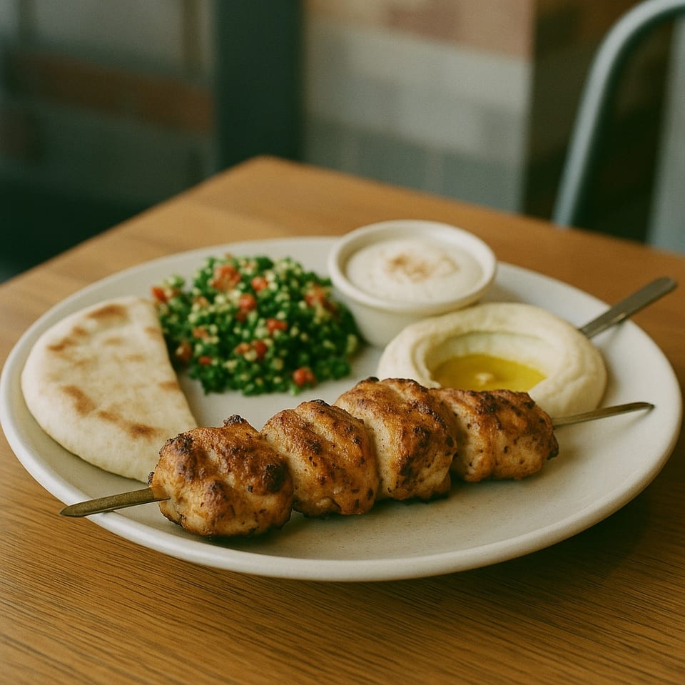 Oren's Hummus chicken skewer with pita, tabbouleh, hummus, and a white dipping sauce.