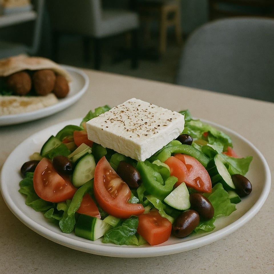 Oren's Hummus Israeli salad with feta, tomatoes, cucumbers, olives, and bell peppers.