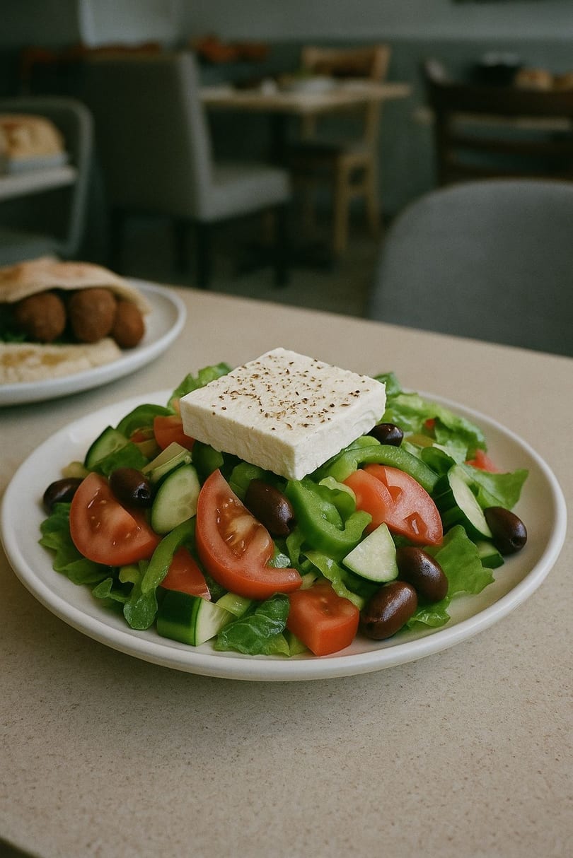 Oren's Hummus Israeli salad with feta, tomatoes, cucumbers, olives, and bell peppers.