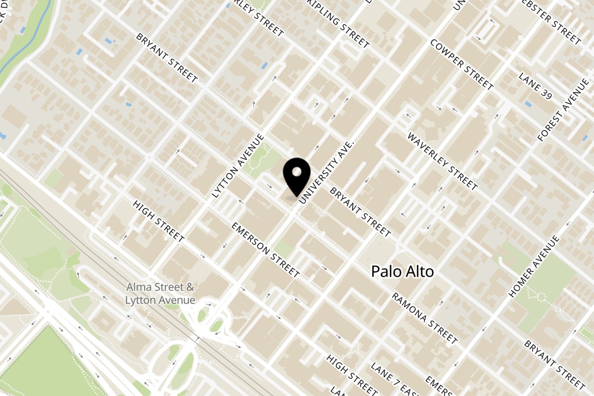 Map showing the location of Oren's Hummus on 261 University Ave in Palo Alto